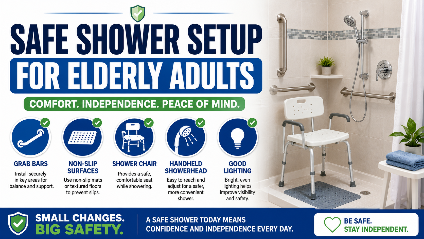 Safe senior shower setup with grab bars and shower chair — complete elderly shower safety guide