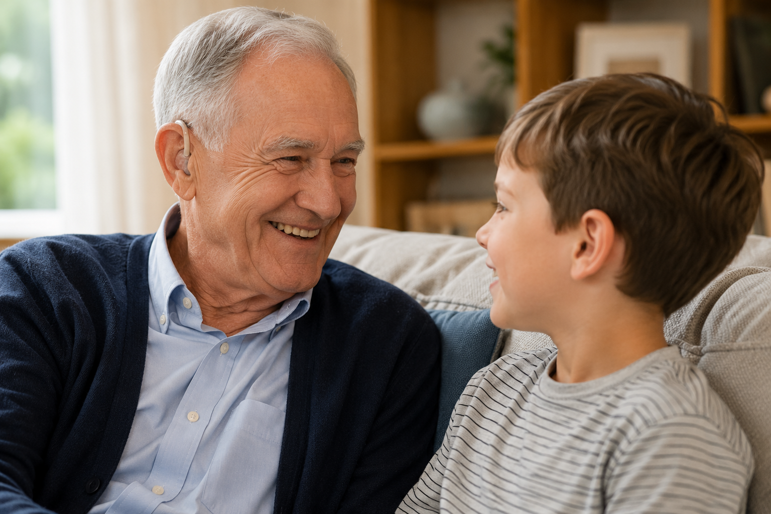 Grandpa with hearing aids talking to grandson 