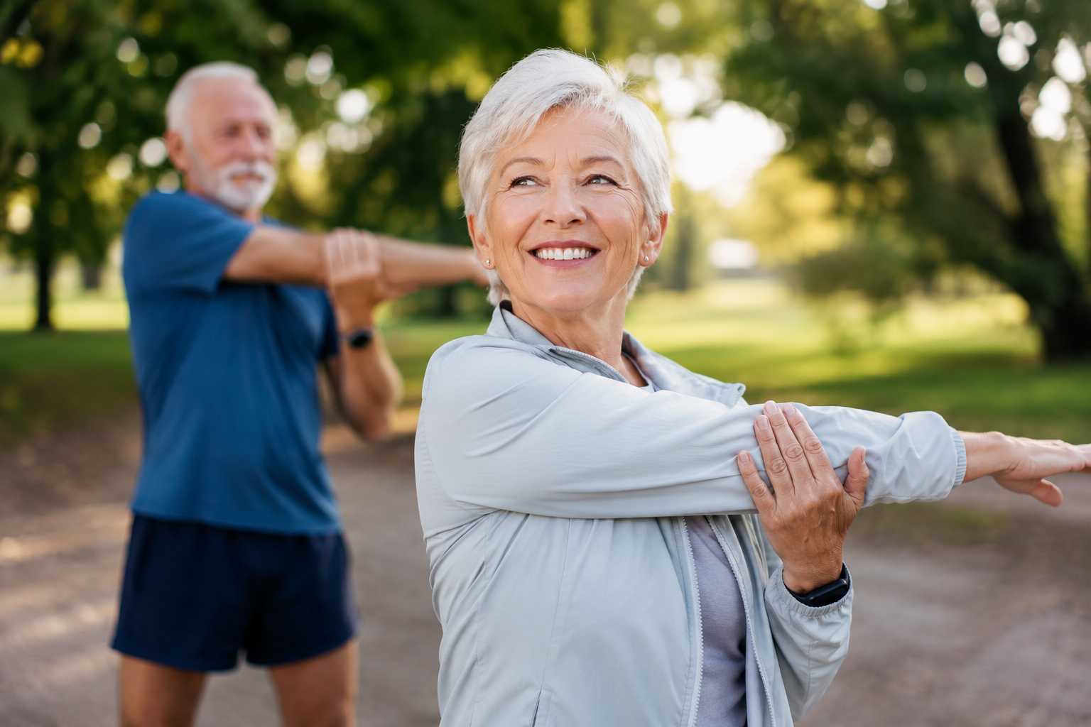 Senior man and woman exercising together 