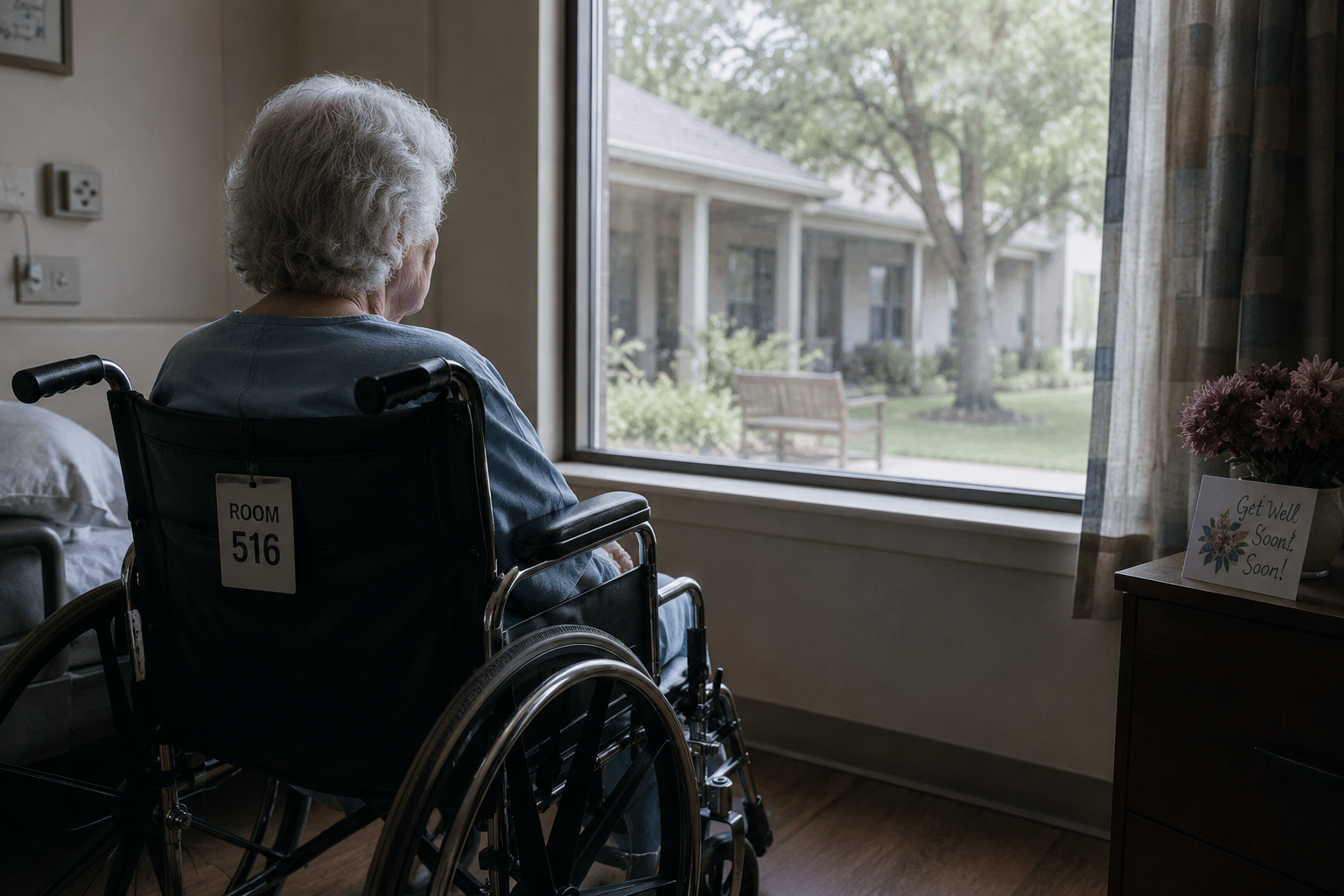 Old woman in wheel chair alone 